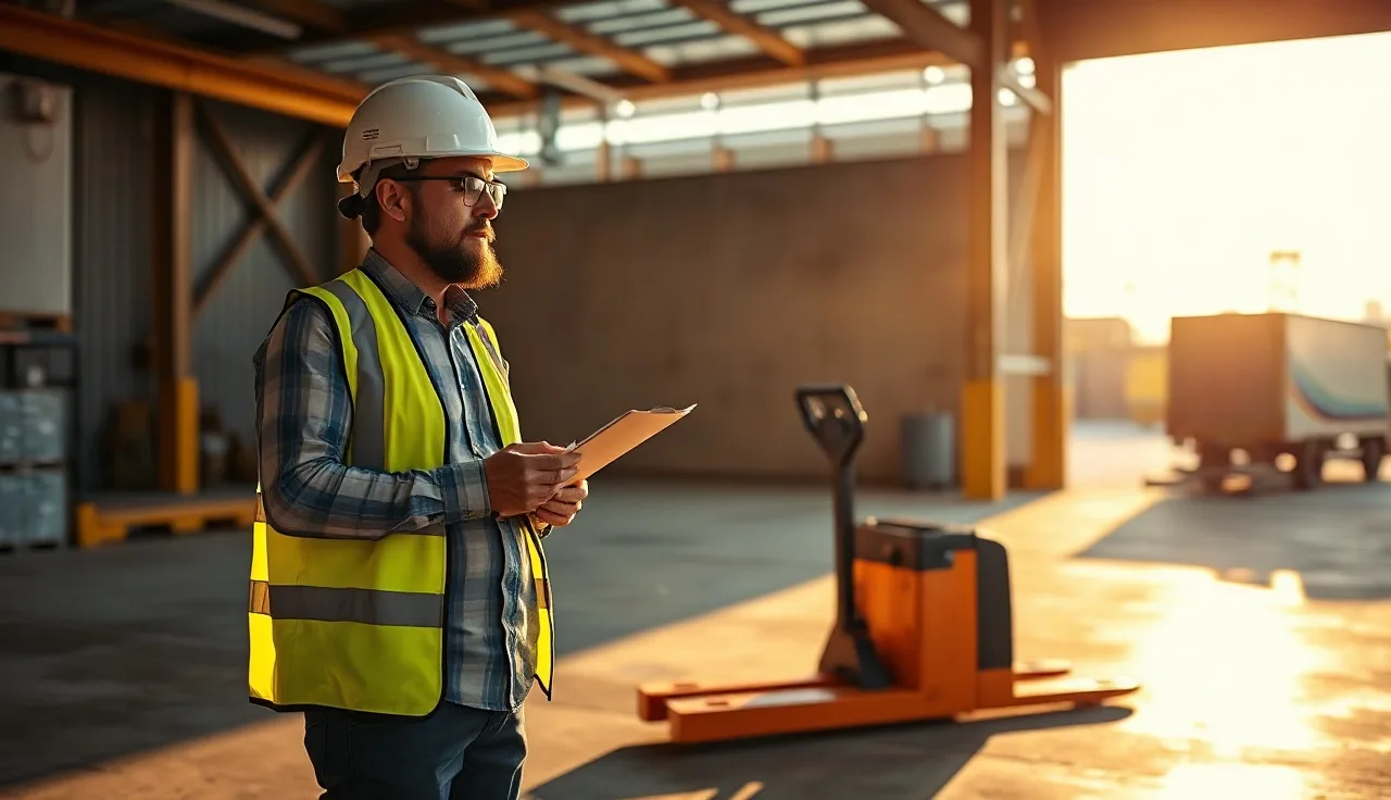 Supervisor in hard hat inspecting warehouse loading dock during morning safety walkthrough
