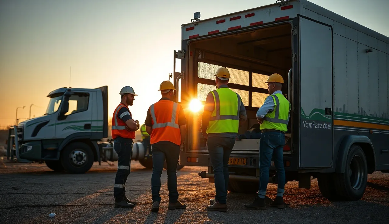 Foreman leading a defensive driving toolbox talk beside a work truck at dawn