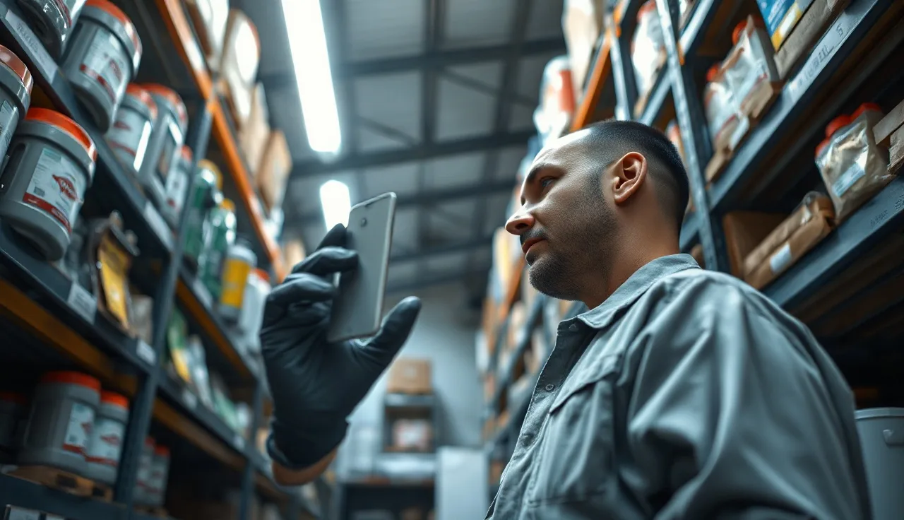 Worker in warehouse reviewing chemical storage containers under overhead light