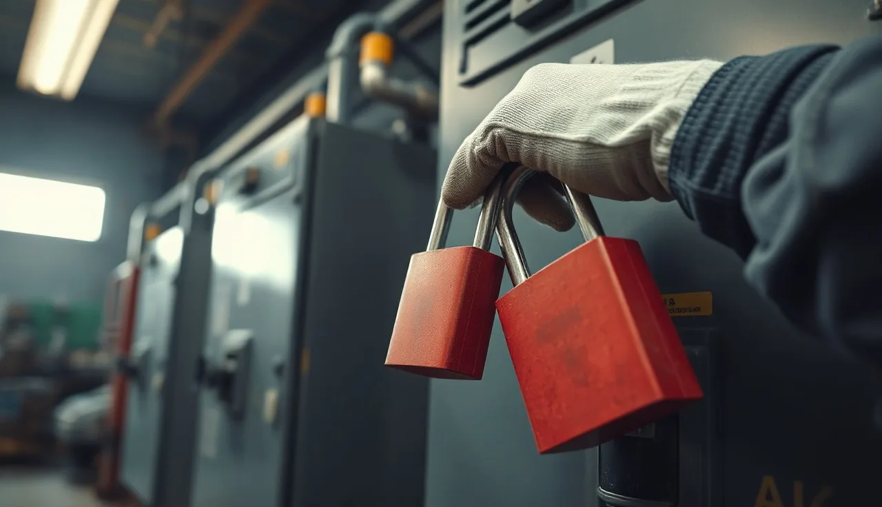 Worker applying a red padlock to an industrial disconnect switch during lockout tagout procedure