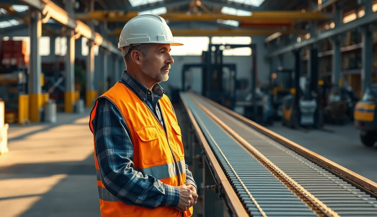 Warehouse worker in hard hat inspecting production line for workplace safety hazards