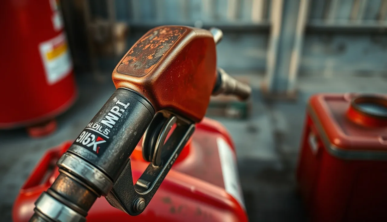 Diesel fuel nozzle held over portable fuel container during fueling task