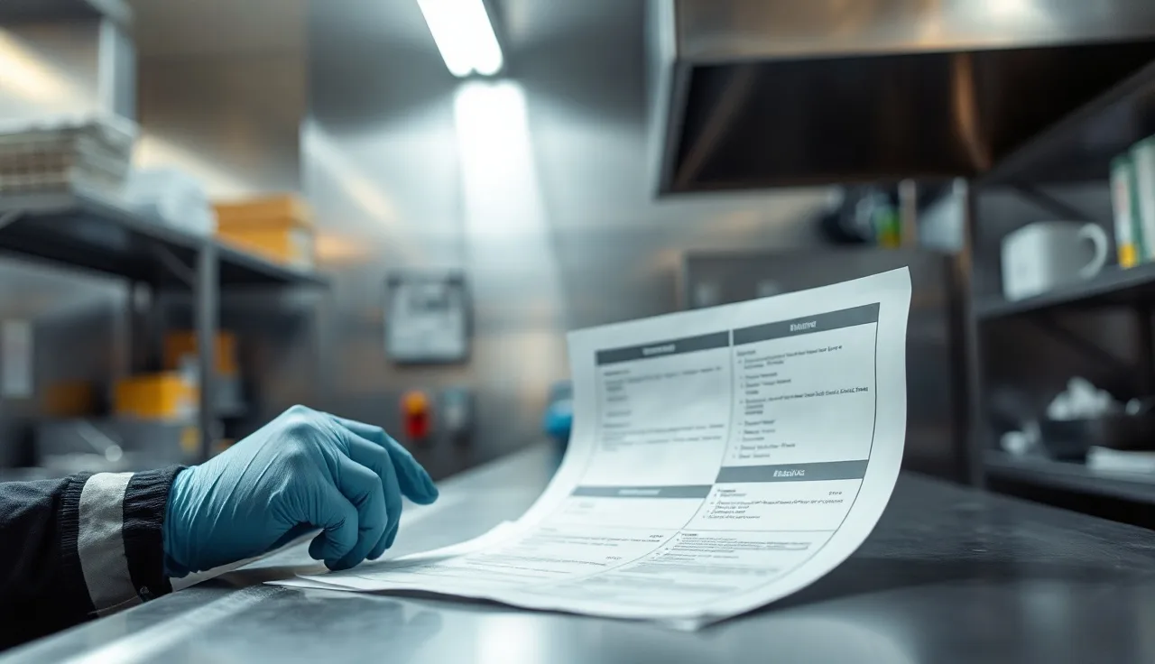 Worker in nitrile gloves reviewing a safety data sheet on a stainless steel counter