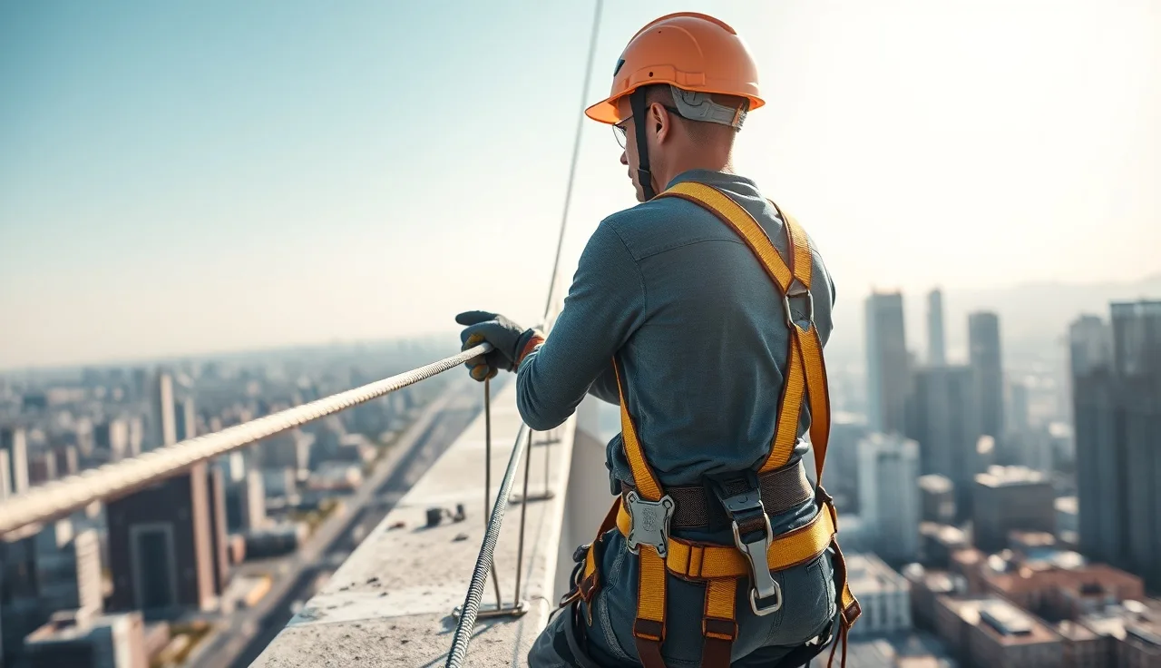 Construction worker wearing fall protection harness at a building's unprotected edge