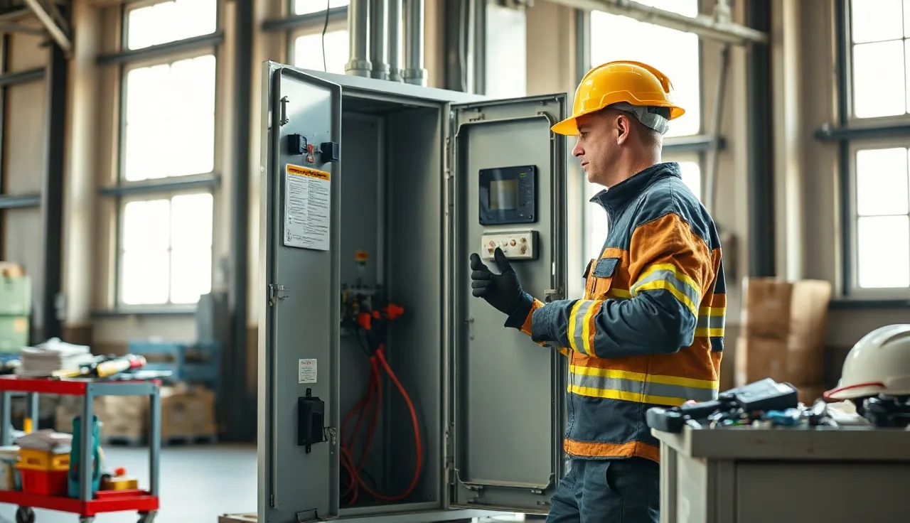 Worker in protective gear inspecting an open industrial electrical panel in a warehouse