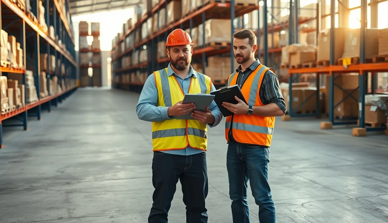 Supervisor and worker examining a hazardous floor area during workplace incident documentation