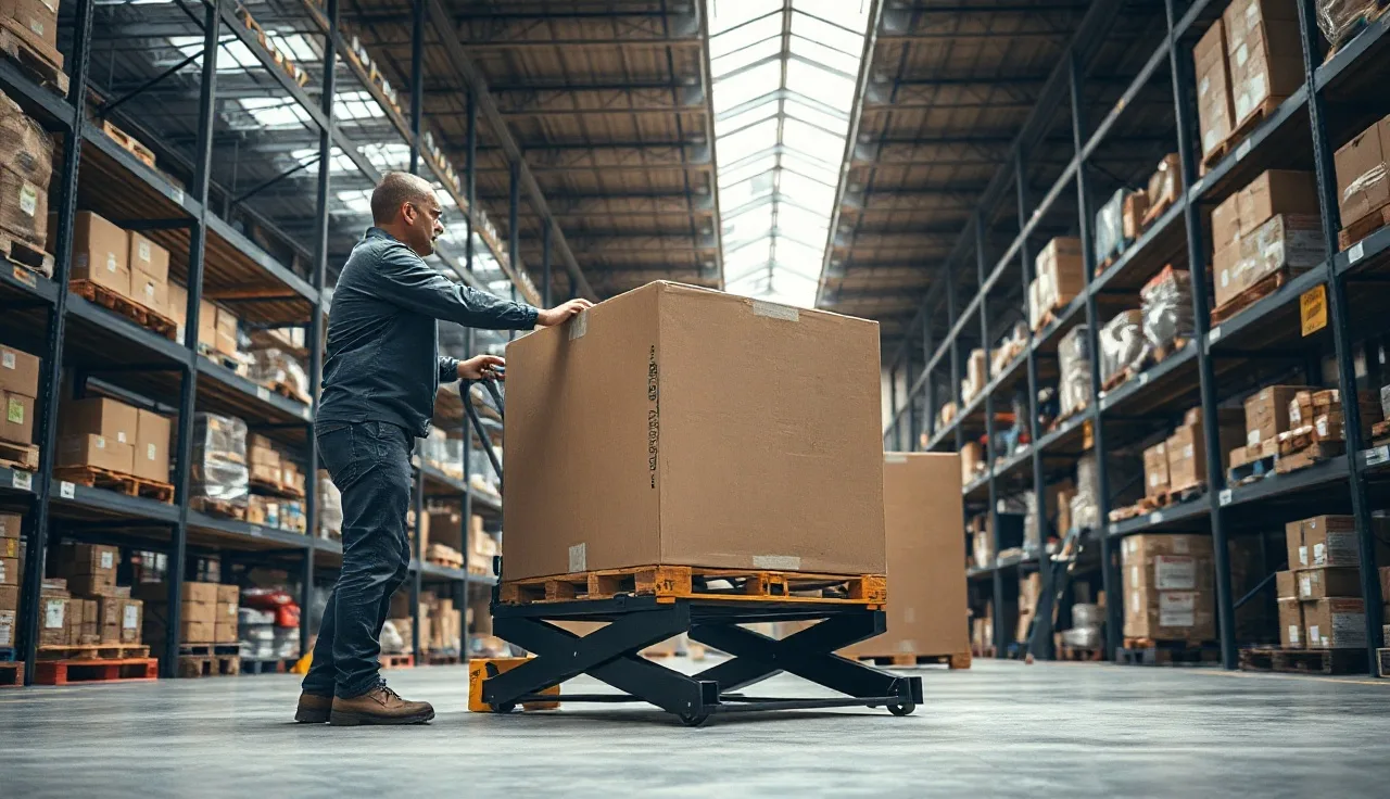 Warehouse worker adjusting box height on ergonomic lift table in distribution center