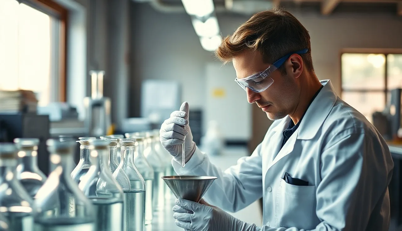 Worker in nitrile gloves and goggles transferring ethyl acetate solvent at an industrial workbench