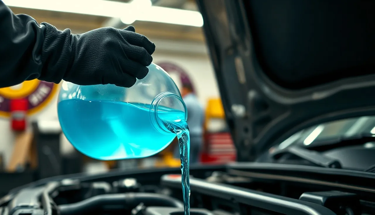 Mechanic in nitrile gloves pouring ethylene glycol coolant into a vehicle engine bay