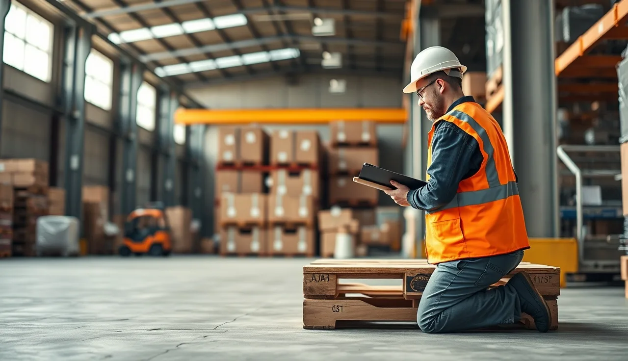 Supervisor writing an incident report on a clipboard beside a warehouse pallet