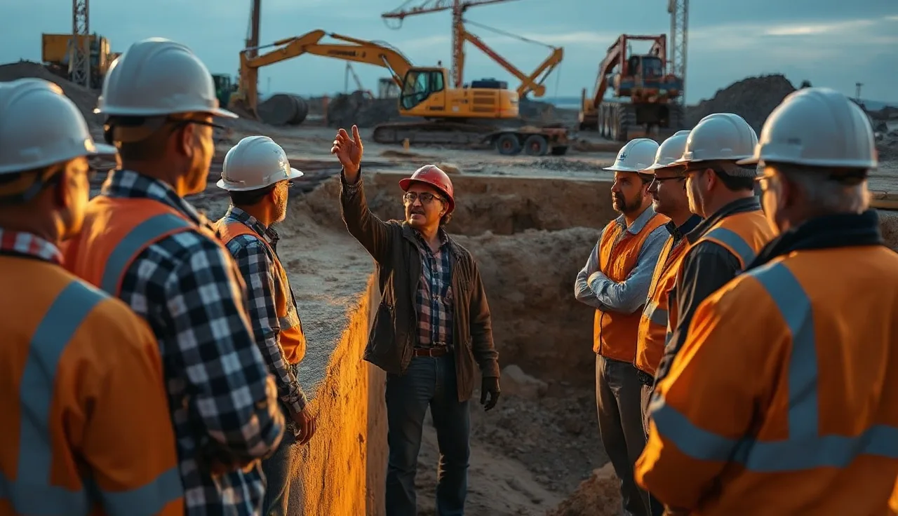 Workers in hard hats at excavation trench edge for a morning safety toolbox talk