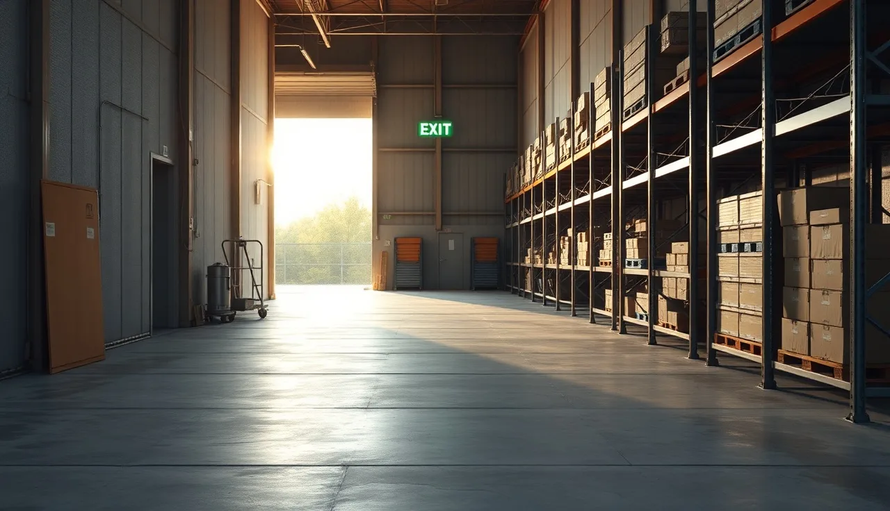 Clear warehouse exit corridor with illuminated green exit sign above an open door