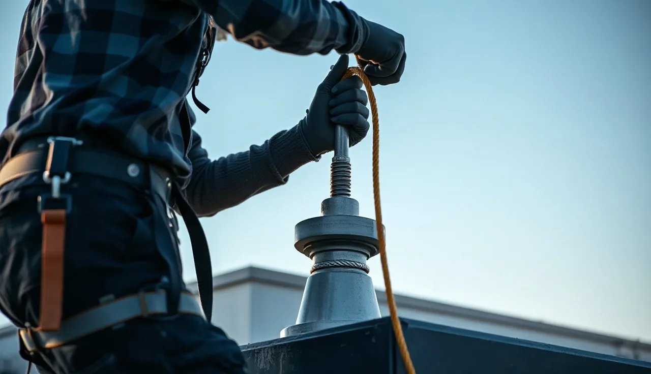 Construction worker in harness connecting fall arrest lanyard to roof anchor point