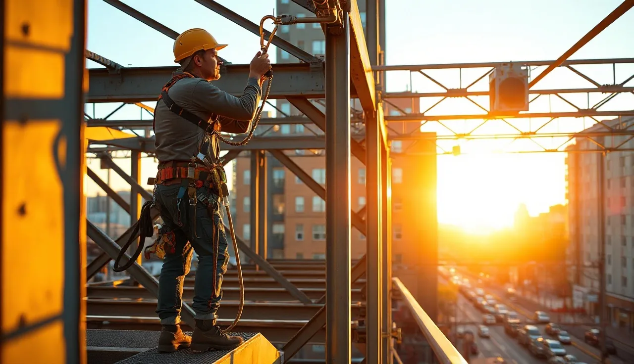 Construction worker in full-body harness inspecting fall protection anchor on elevated steel beam