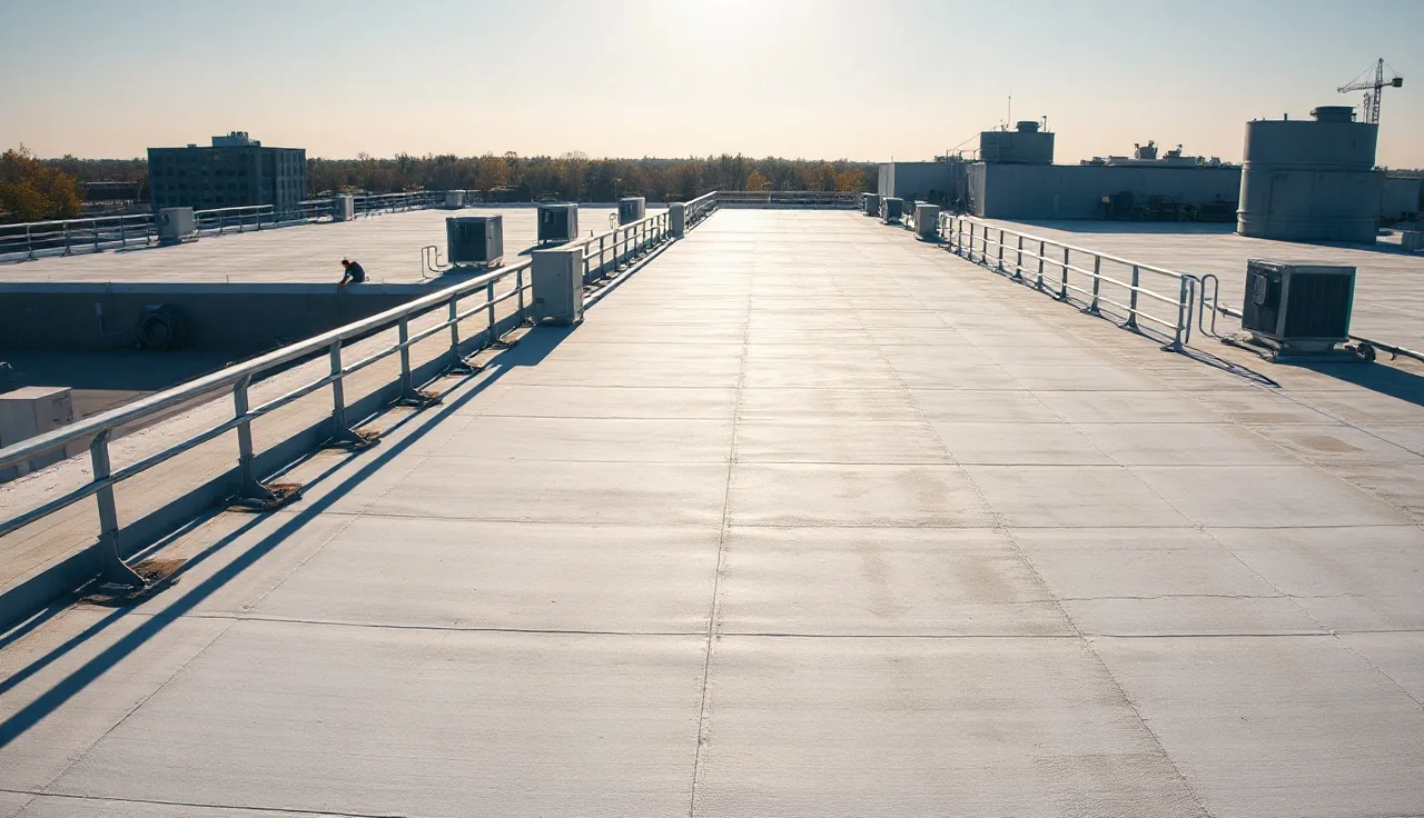 Aluminum fall protection railing system along a commercial flat rooftop edge