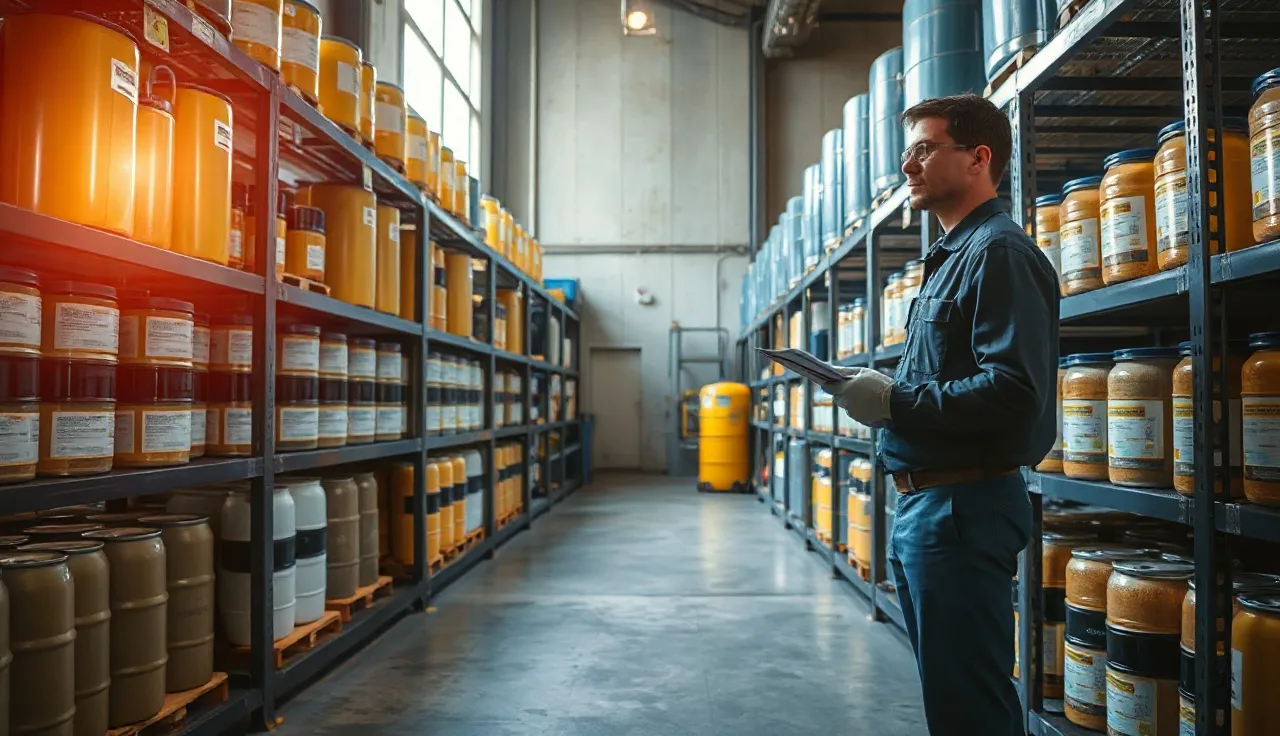 Worker in safety glasses reviewing chemical containers on metal shelving in a storage room