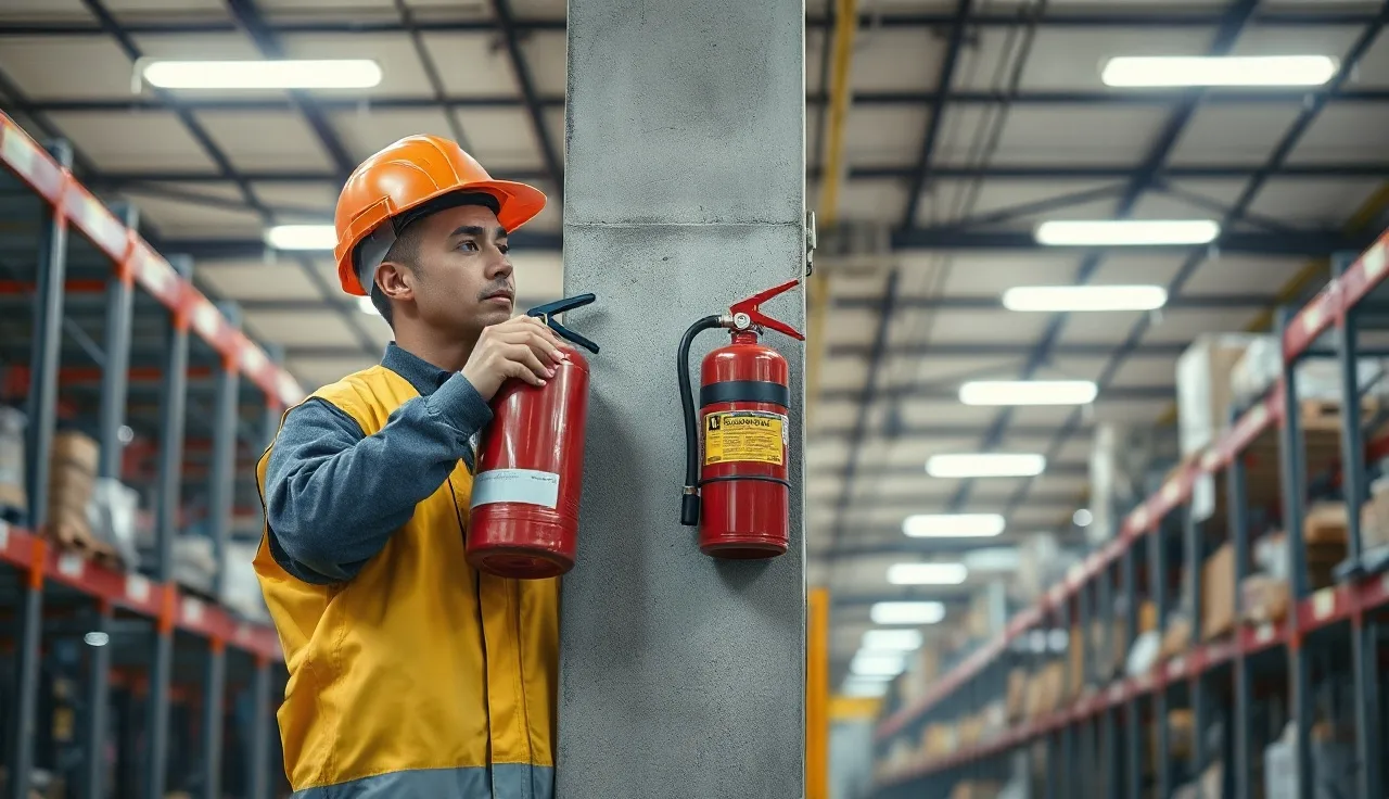 Worker inspecting a red fire extinguisher mounted in a warehouse aisle