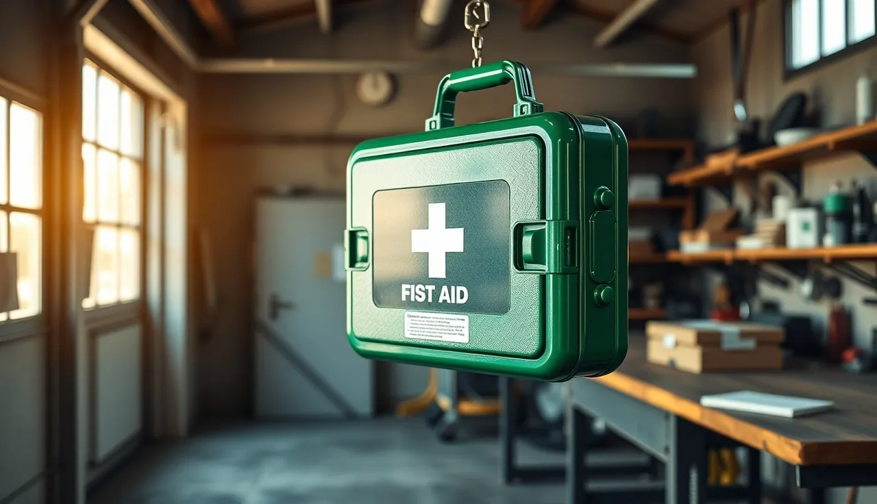 Open first aid kit mounted on wall inside a small workshop with morning light