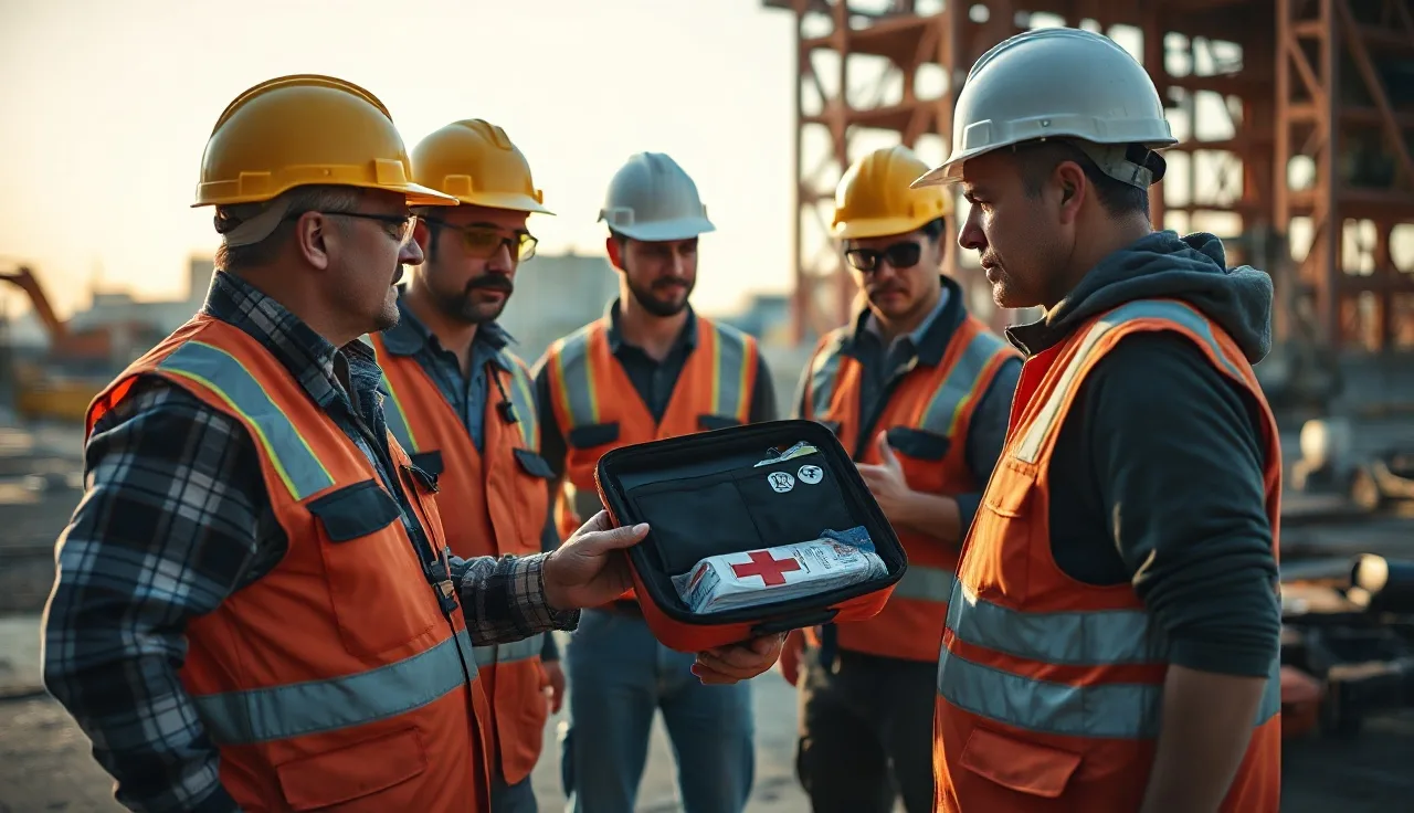 Supervisor showing first aid kit contents to workers at outdoor job site