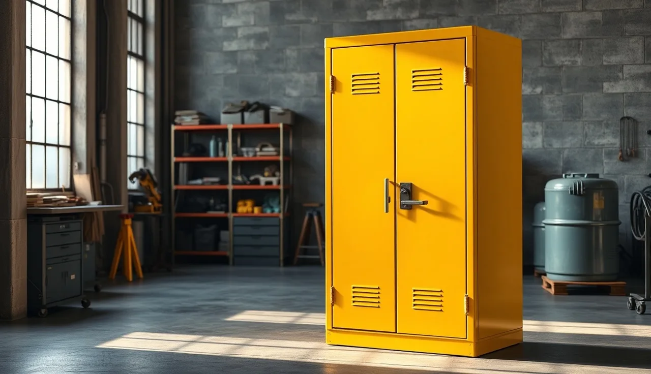 Yellow steel flammable storage cabinet with closed doors in an industrial workshop