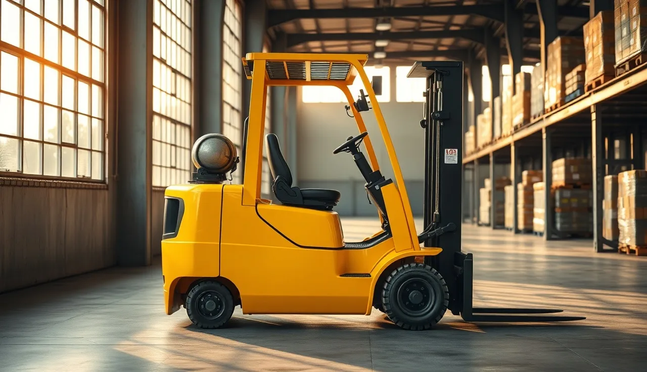 Yellow forklift parked in a warehouse aisle with afternoon light, forks lowered