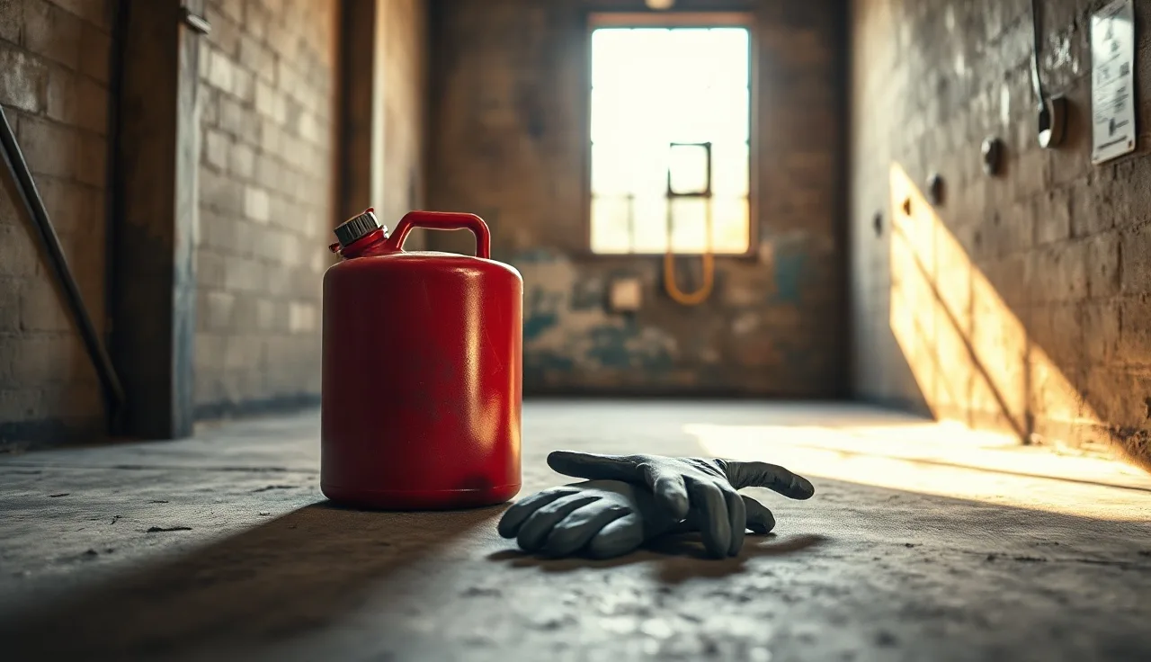 Red safety fuel can and nitrile gloves on concrete floor near gasoline storage area