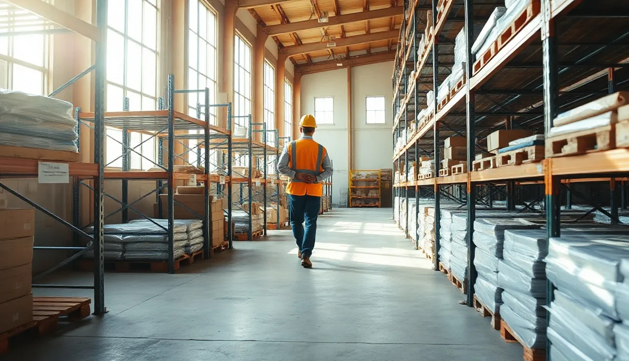 Worker in hard hat and safety vest walking through warehouse aisles