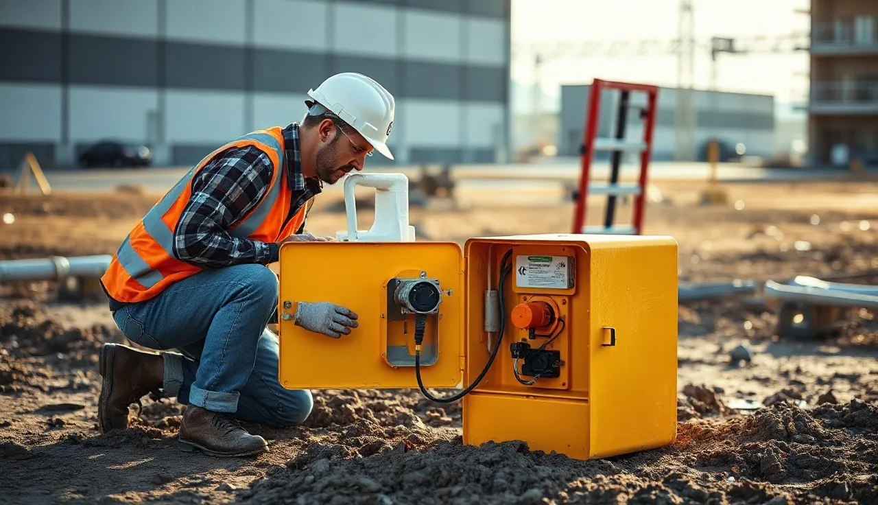 Construction worker installing a GFCI adapter into a temporary power outlet on a muddy job site