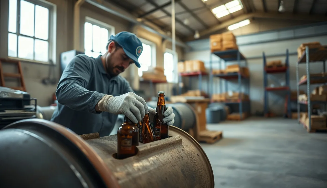 Worker in gloves repackaging chemicals from drum into small containers in warehouse
