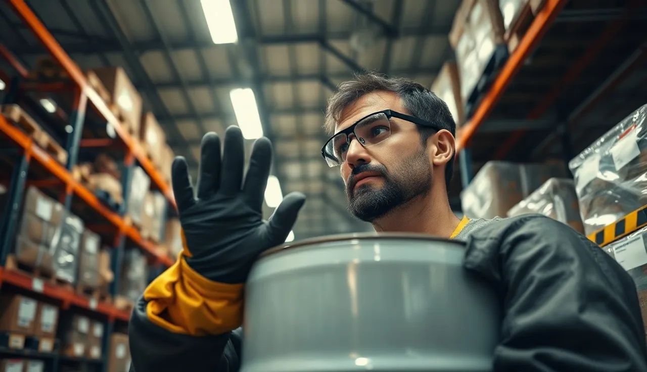 Worker in safety gloves examining a chemical storage drum in a warehouse