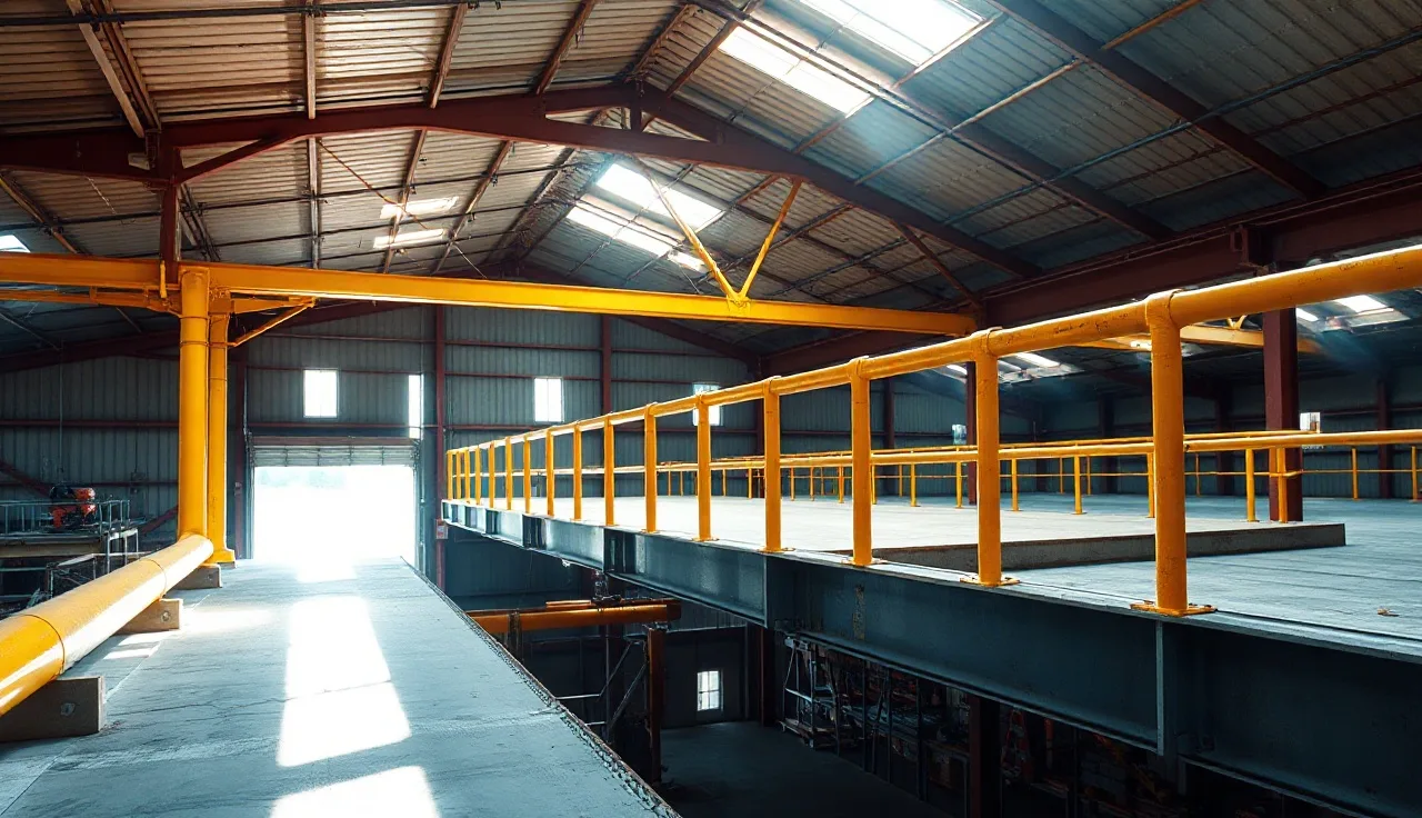 Yellow steel pipe guardrail system along open mezzanine edge inside a warehouse