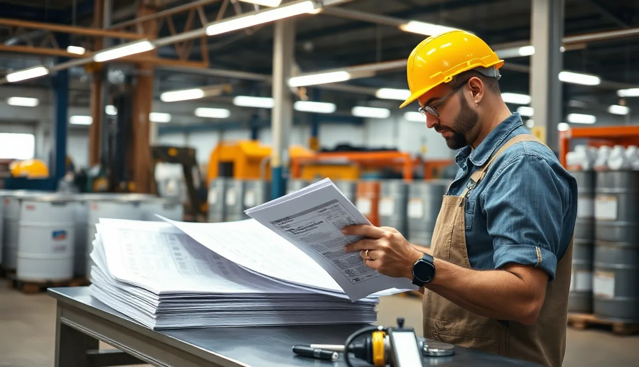 Worker reviewing safety documentation at a workbench near chemical storage drums