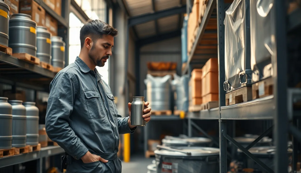 Warehouse worker examining industrial chemical container on storage shelf