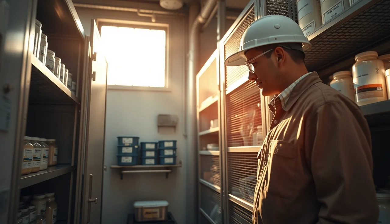 Worker reviewing labeled chemical containers in an industrial storage area