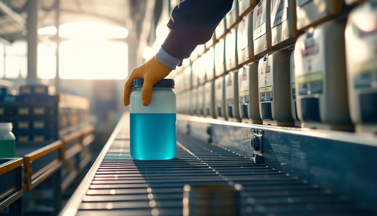 Worker in gloves organizing chemical containers on a warehouse shelf