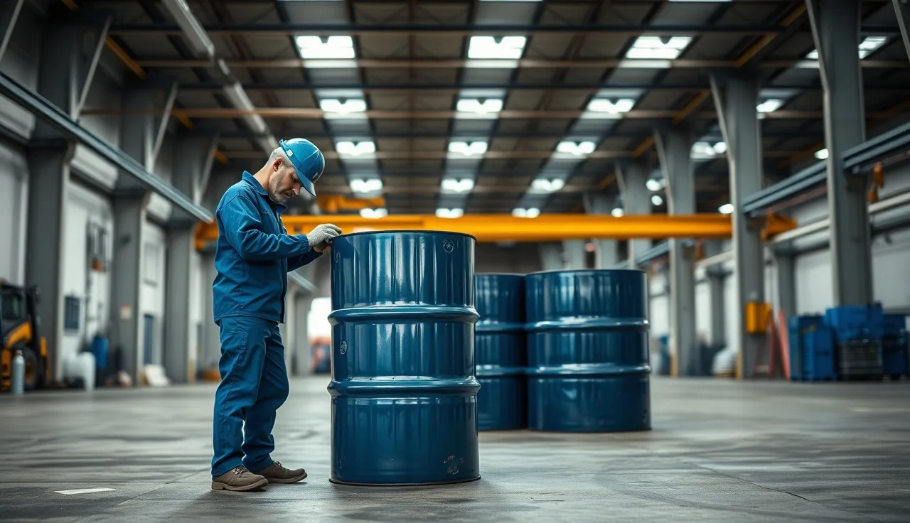 Factory worker inspecting a metal chemical drum in a warehouse under industrial lighting
