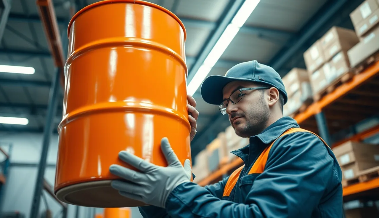 Warehouse worker examining a chemical drum under industrial lighting