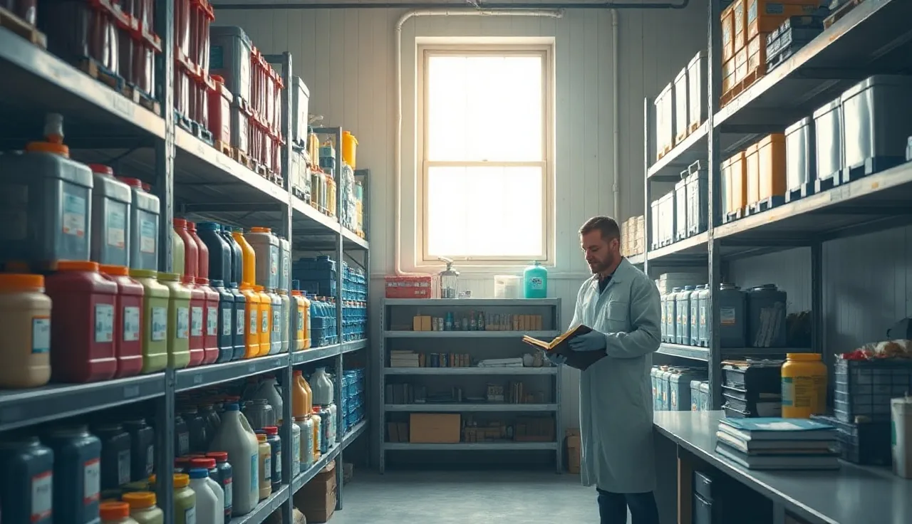 Worker reviewing chemical safety binder in organized industrial storage room