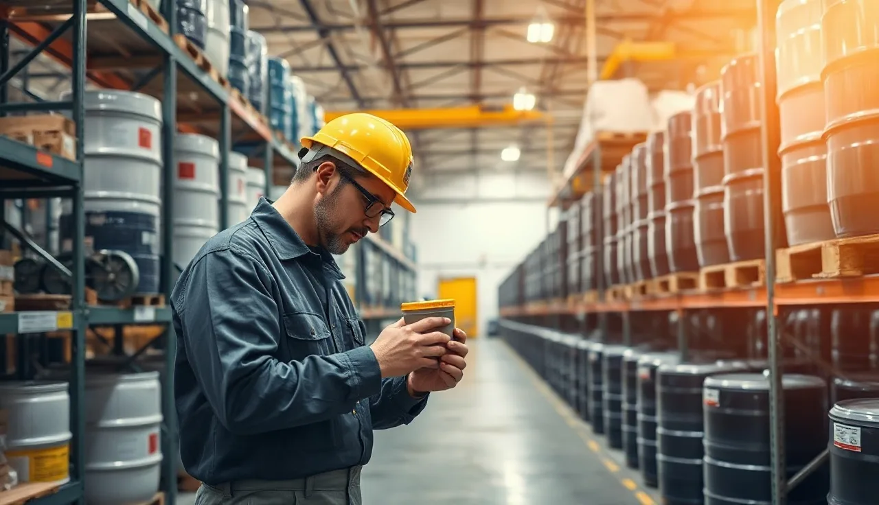 Worker examining a container on a warehouse shelf near stored chemical drums