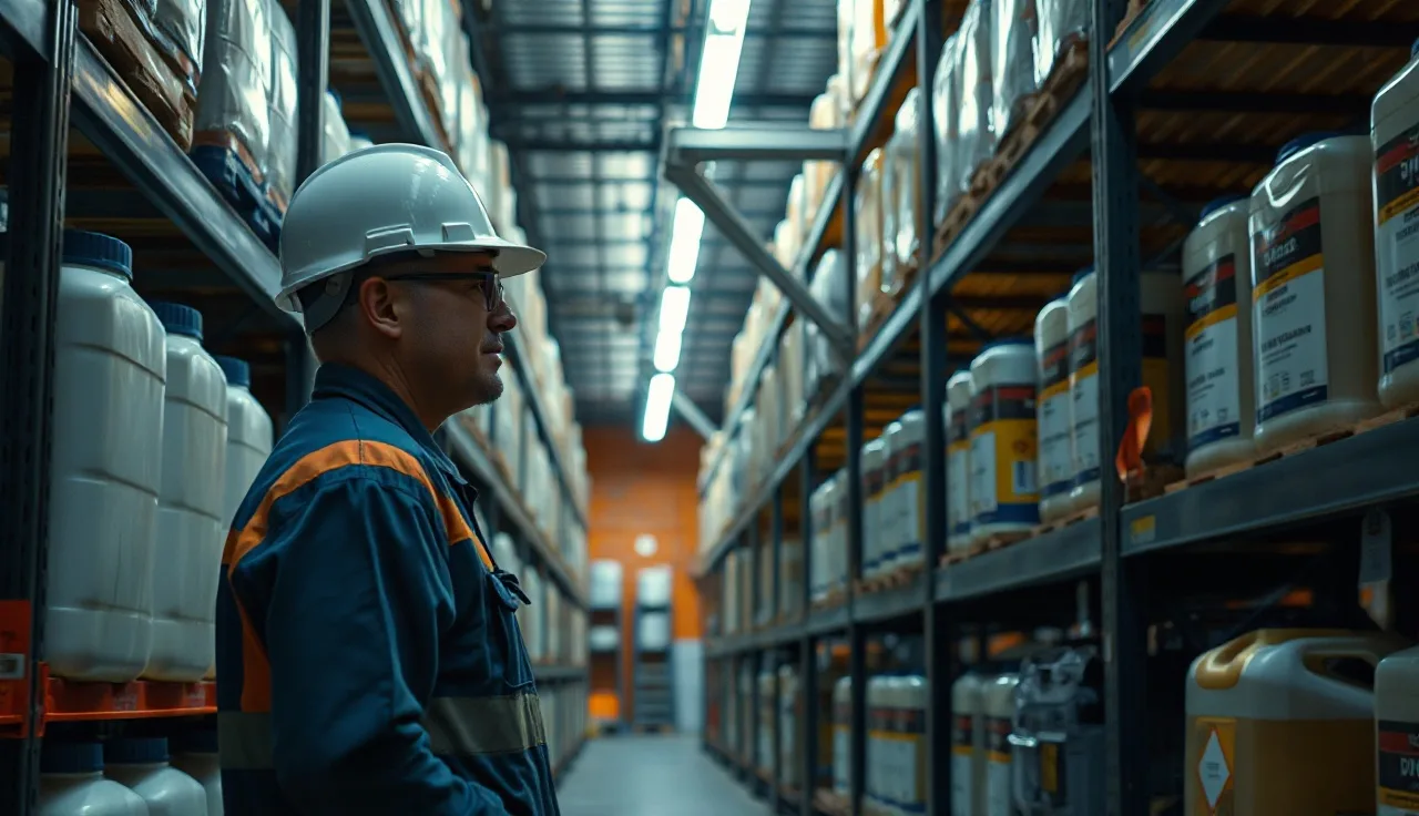 Warehouse worker reviewing chemical storage containers for hazard communication compliance