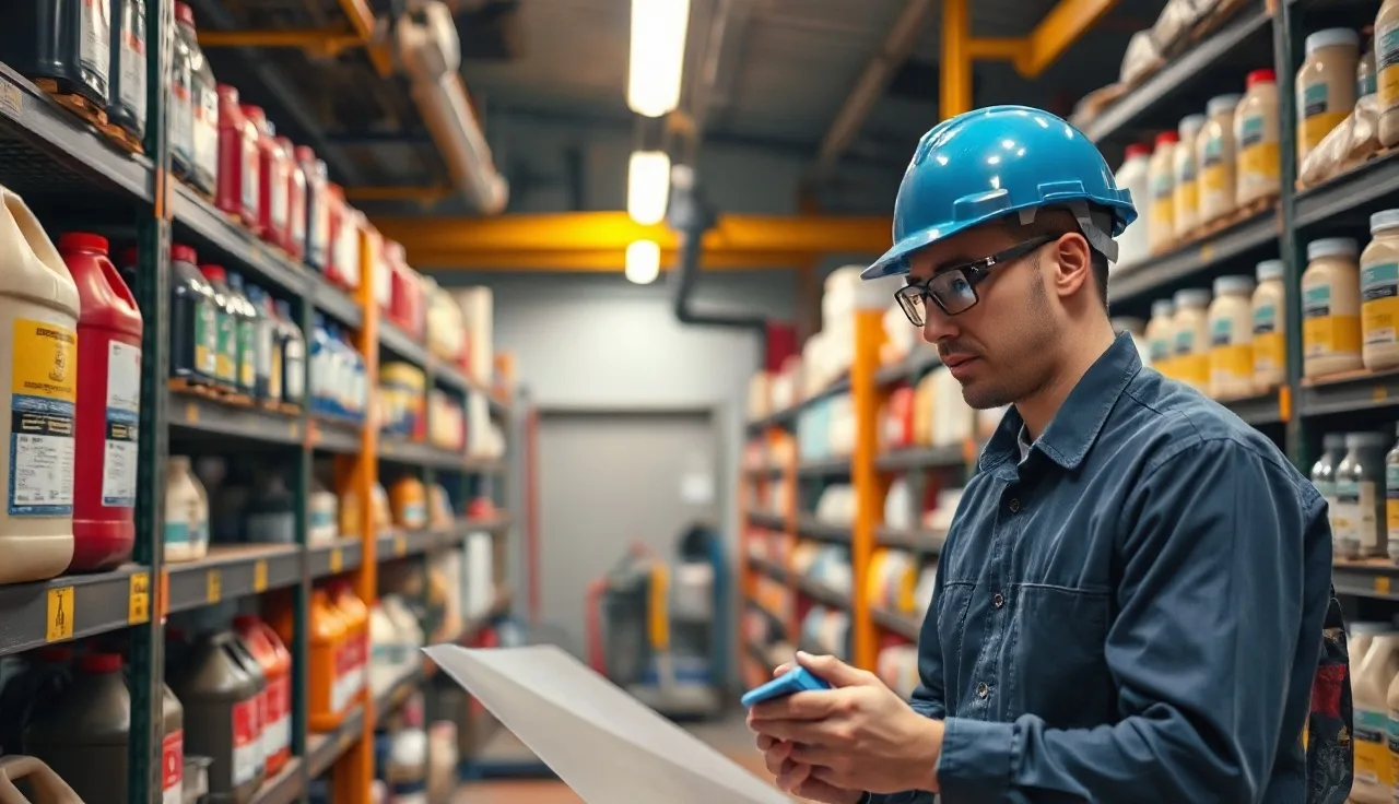 Worker reviewing safety data sheet beside chemical storage shelving in industrial facility