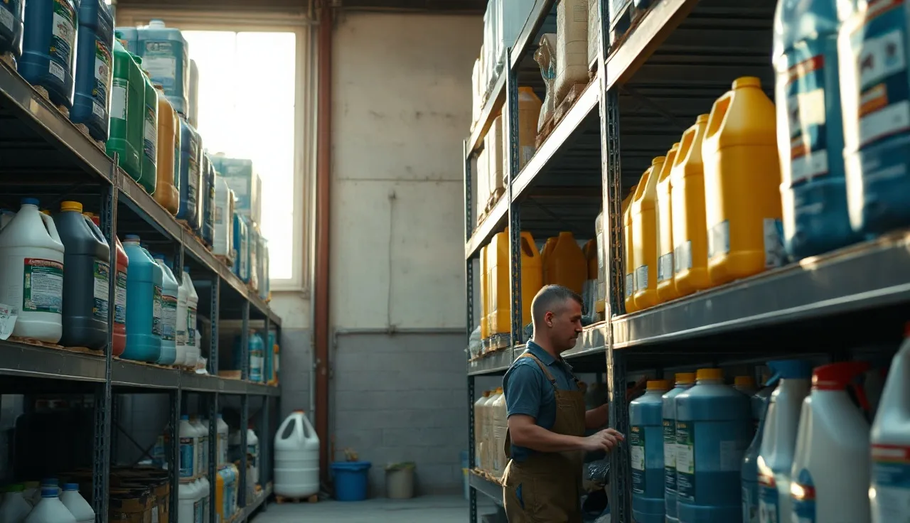 Worker examining chemical containers on warehouse shelving for hazard communication safety