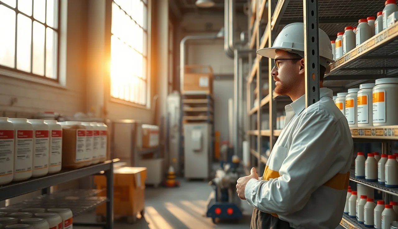 Worker reviewing chemical containers on a storage shelf in a manufacturing facility