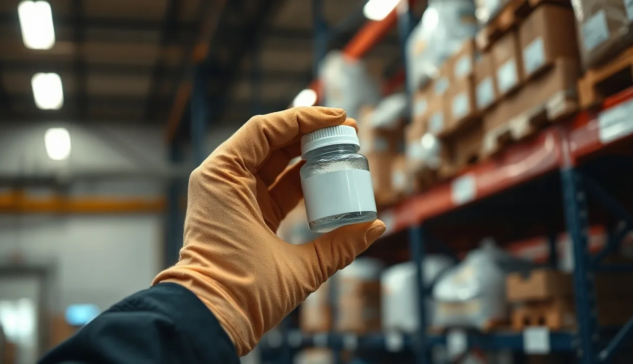 Gloved worker examining a chemical container label in a warehouse storage area