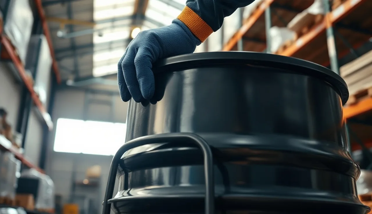 Worker in protective gloves handling a chemical drum in a warehouse