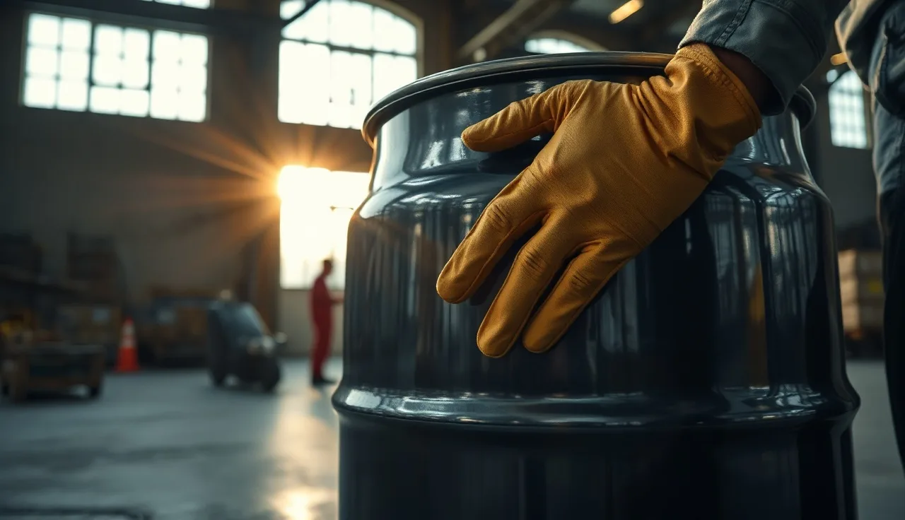 Worker in gloves examining labeled chemical drum in industrial warehouse