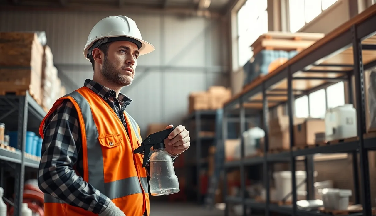Worker in safety vest reviewing chemical containers during a toolbox talk on a job site