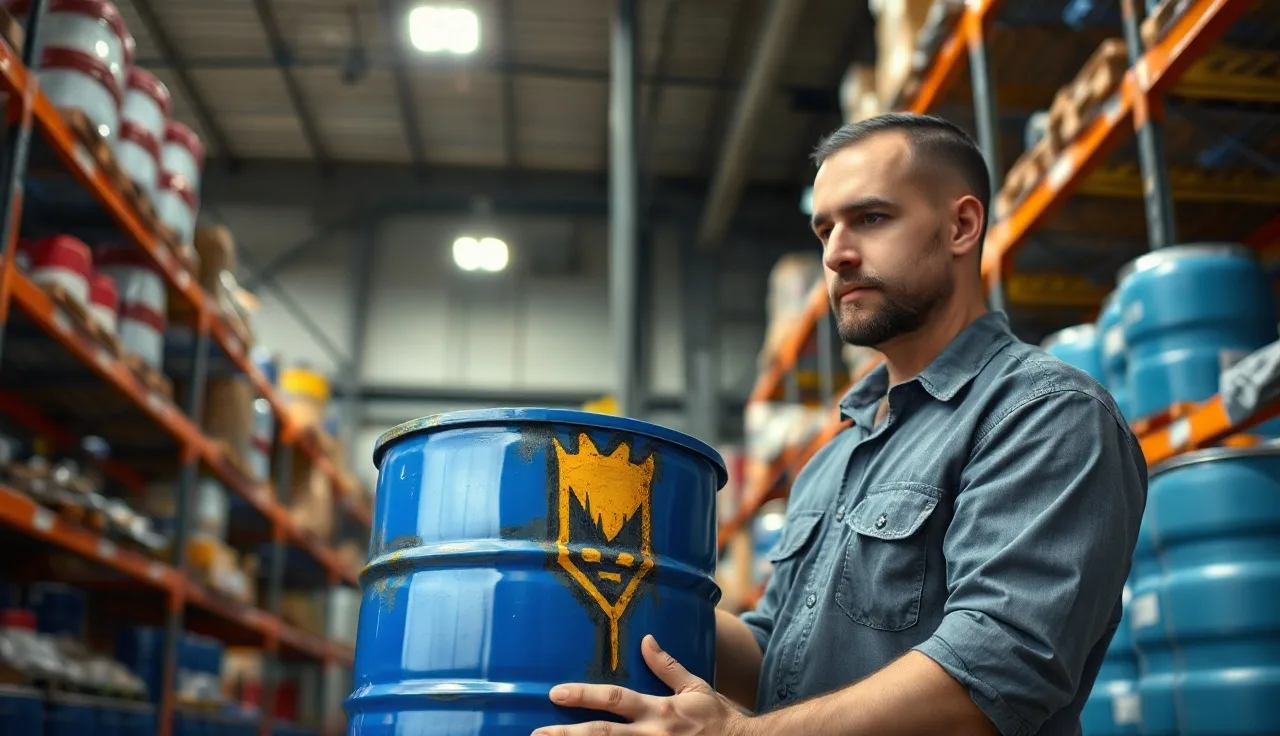 Warehouse worker carefully inspecting a chemical drum label in an industrial storage area