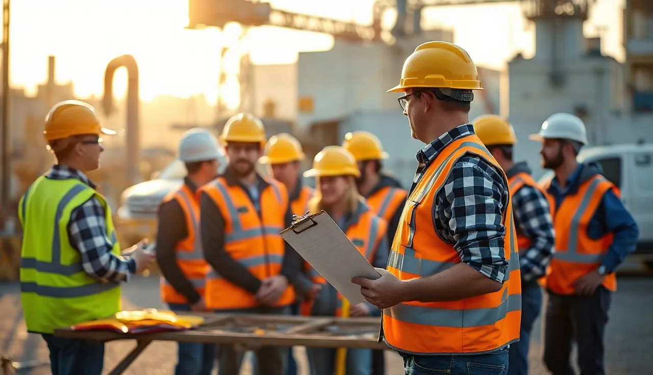 Supervisor running a hazcom toolbox talk with workers at an outdoor workbench