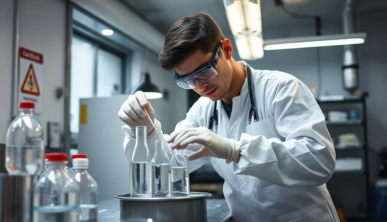 Worker in protective goggles and apron handling hydrochloric acid at a lab bench